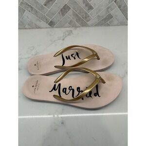 Kate Spade Just Married Flip Flops Thong Sandals Slides Gold Logo Women Size 7-8